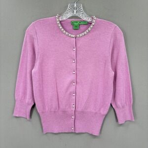 Tibi Sweater Cardigan Small Purple Silk Angora Beaded Pearl Neckline Grandma